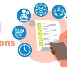 A teacher highlighting 5 reasons why teachers use Tes for revision surrounded by speech bubbles with icon illustrations